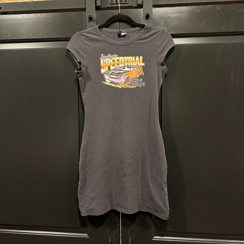 Grey Y2K Style LA Speedtrial Graphic TShirt Mini Dress